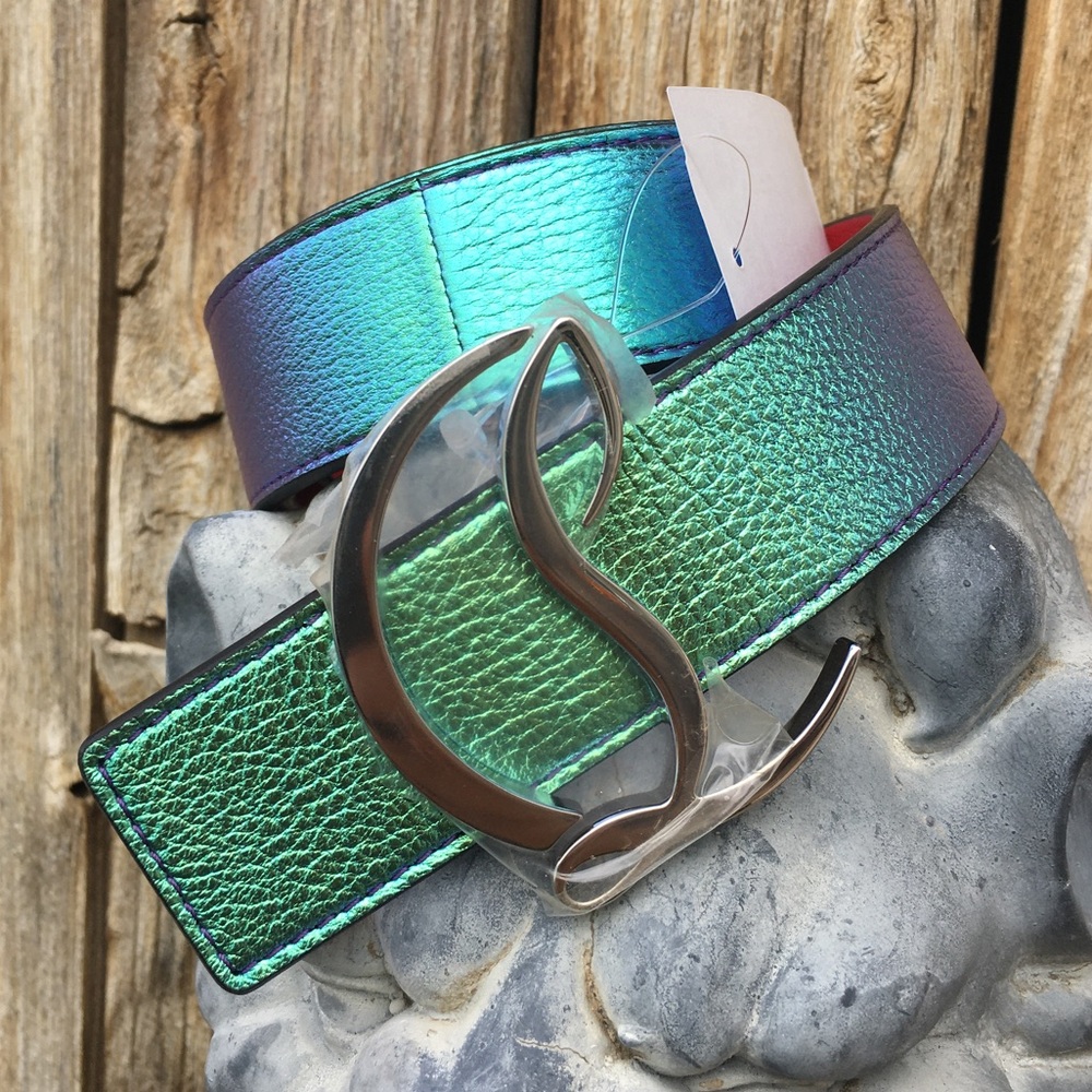 New Christian Louboutin Logo Buckle Iridescent Leather Belt Rainbow Silver 75 - Picture 16 of 16